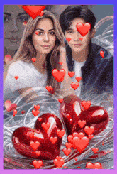 a painting of a man and a woman with hearts surrounding them