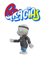 a cartoon character is standing in front of a gracias logo