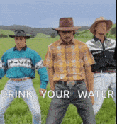 three men in cowboy hats are standing in a grassy field with drink your water written below them