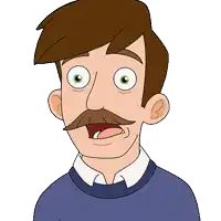 a cartoon man with a mustache and big eyes