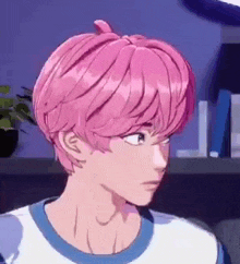 a close up of a person with pink hair wearing a blue and white shirt .