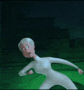 a cartoon character in a white suit is standing in a green room .