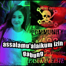 a woman is standing in front of a skull and crossbones flag that says community