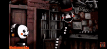 a puppet from five nights at freddy 's is smiling and looking at the camera in a dark room .