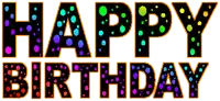 the word happy birthday is written in colorful polka dot letters