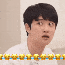a man with a surprised look on his face is surrounded by smiley faces that are laughing