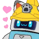 a pixel art drawing of a robot wearing a yellow hat with a paw on it