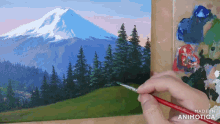 a person is painting a mountain with a brush and the words made in animatica are visible