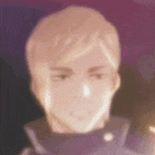 a blurry picture of a man 's face with a purple background and a purple jacket .
