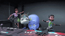 a group of cartoon characters are standing around a control panel including a blue monster