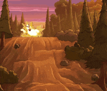 a cartoon landscape with trees and rocks and a explosion in the background
