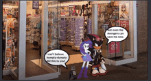 shadow the hedgehog and rarity are standing in front of a store with a sign that says buy 1 free