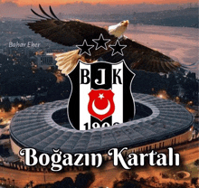 an eagle is flying over a stadium that says bjk on it