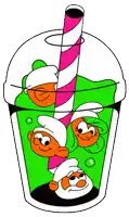 a cartoon illustration of three smurfs in a cup with a straw