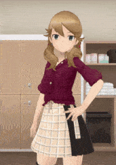 a girl in a plaid skirt stands in front of a row of lockers