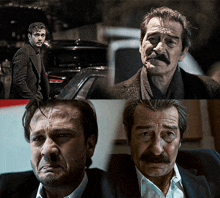 a man with a mustache is smoking a cigarette in a collage of four photos
