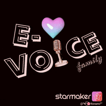 a logo for the e-voice family with a microphone and heart