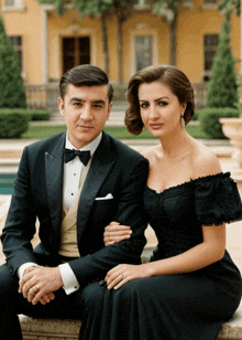 a man in a tuxedo is sitting next to a woman in a black dress