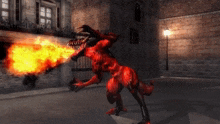 a red monster with flames coming out of it 's mouth