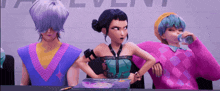 a group of cartoon characters are sitting at a table and one of them is drinking water
