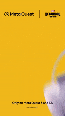 an advertisement for meta quest deadpool vr shows two white headsets on a yellow background