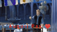 a man sitting at a table with the words auguri psy written on the bottom