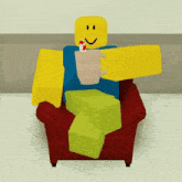 a roblox character is sitting in a chair with a cup of coffee in his hand