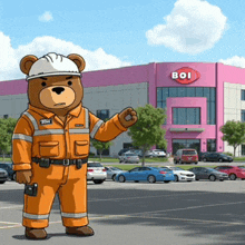 a cartoon of a teddy bear standing in front of a boi store