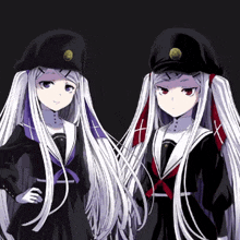 two anime girls with long white hair wearing black uniforms
