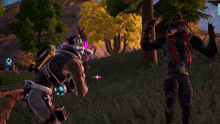 a video game scene with a wolf and a man