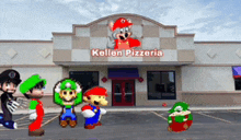 a group of mario characters are standing in front of a kellen pizzeria