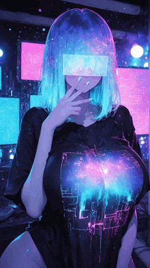 a girl with blue hair is wearing a black shirt