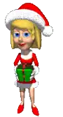 a cartoon girl in a santa hat is holding a green gift box