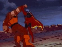 a cartoon character is doing a handstand in front of a group of people