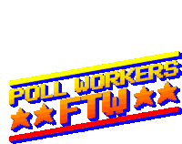 a pixel art logo that says poll workers ftw on it