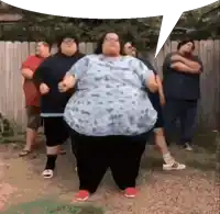 a group of fat people are standing in front of a fence with a speech bubble above them