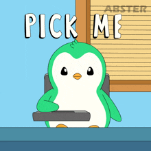 a penguin sits at a desk with the words pick me written above it