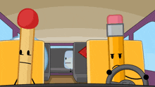 a cartoon of a match and a pencil driving a bus