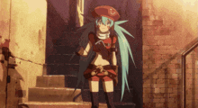 a girl with blue hair and a red hat is standing on stairs