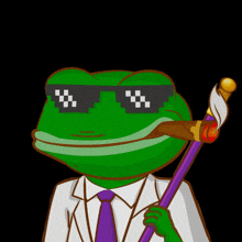 a green frog wearing sunglasses is smoking a cigar and holding a cane