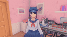 a girl in a blue hat stands in front of a desk