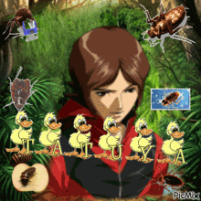 a picture of a man surrounded by cockroaches and ducks with the name tatsuya on the bottom right