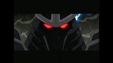 a robot with red eyes is standing in the dark with a black background .