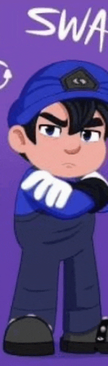 a cartoon character is wearing a blue hat and gloves .