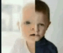 a baby 's face is split in half , one half is bald and the other half is brown .
