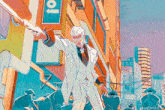 a man in a white suit is holding a gun in front of a sign that says ' io '