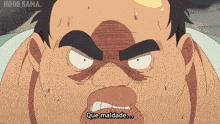 a cartoon of a man with the words que maldade below his mouth
