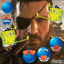 a man with a beard is surrounded by spongebob and other cartoon characters with hearts in their eyes