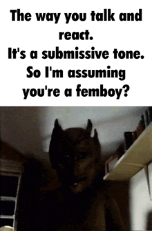 the way you talk and react is a submissive tone so i 'm assuming you 're a femboy ?