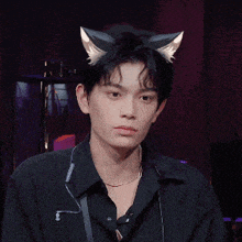 a young man with cat ears on his head looks at the camera